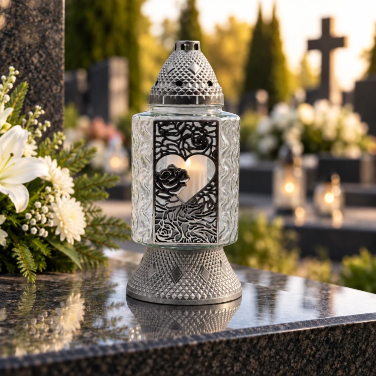 Znicz szklany z sercem i różami – złoty / srebrny