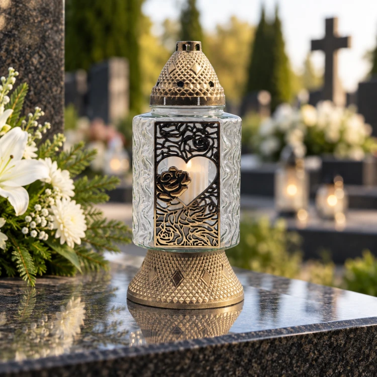 Znicz szklany z sercem i różami – złoty / srebrny