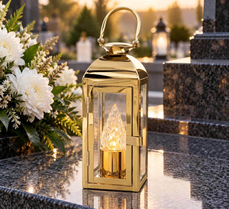 Lampion Nagrobny Metalowy z Szybkami – Złoty / Srebrny