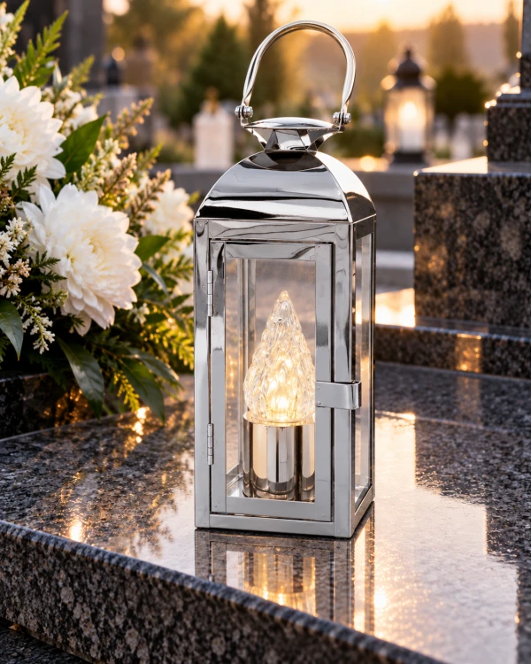 Lampion Nagrobny Metalowy z Szybkami – Złoty / Srebrny