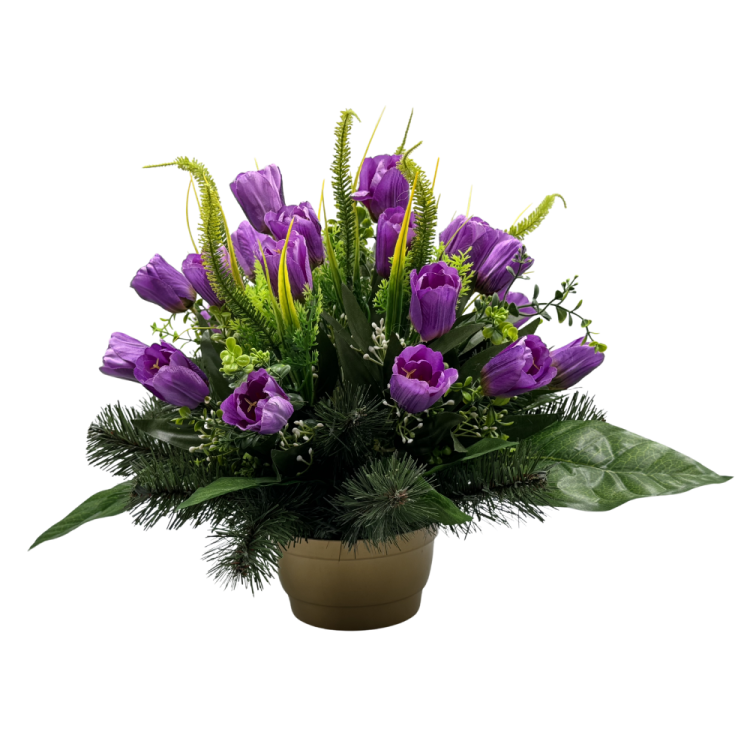 Stroik Wiosenny z Fioletowymi Tulipanami Elegancka Kompozycja Nagrobna w Donicy (1).png
