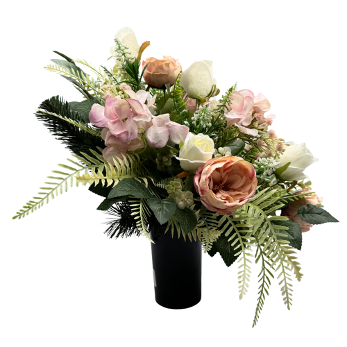 Stroik na grób z różami i hortensją Elegancka kompozycja nagrobna Całoroczna (6).png