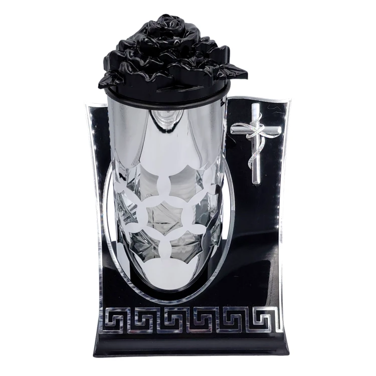 Znicz Kapliczka Szklana z Krzyżem Róża Ornament 28 cm (3).png