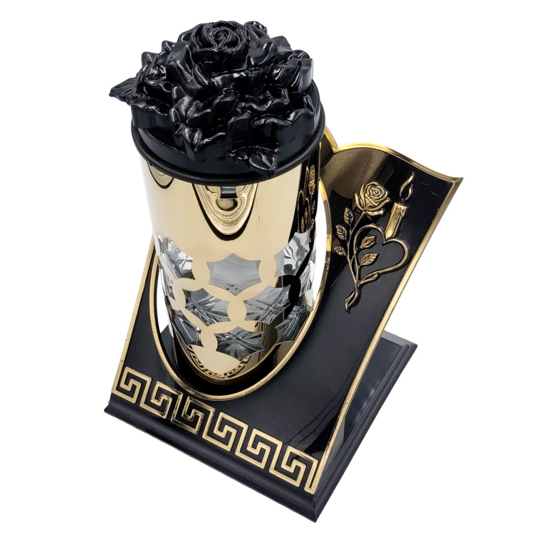 Znicz Kapliczka Szklana Złota Aplikacja Róża Ornament 28 cm z wkładem (4).png