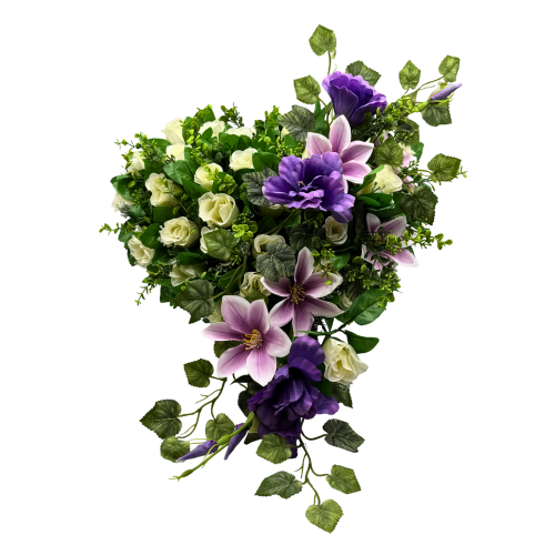 Stroik Nagrobny w kształcie Serca Elegancka Kompozycja Kwiatowa Biało Fioletowa Róże z dodatkami (5).png