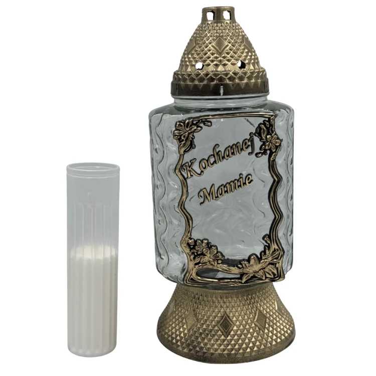 Znicz Szklany Złoty z dedykacją aplikacja Kwiaty Ramka Elegancki Lampion nagrobny Duży 35cm (3).png