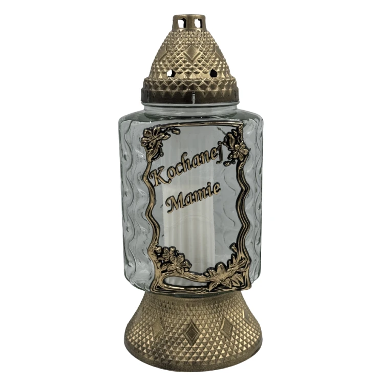 Znicz Szklany Złoty z dedykacją aplikacja Kwiaty Ramka Elegancki Lampion nagrobny Duży 35cm (6).png