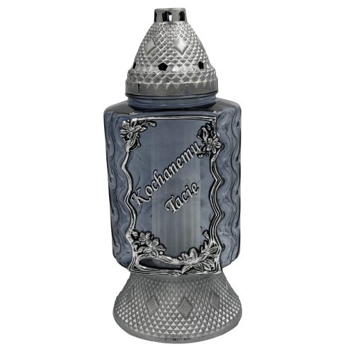 Znicz Szklany Srebrny Dymne Szkło z dedykacją aplikacja Kwiaty Ramka Elegancki Lampion nagrobny Duży 35cm (5).png