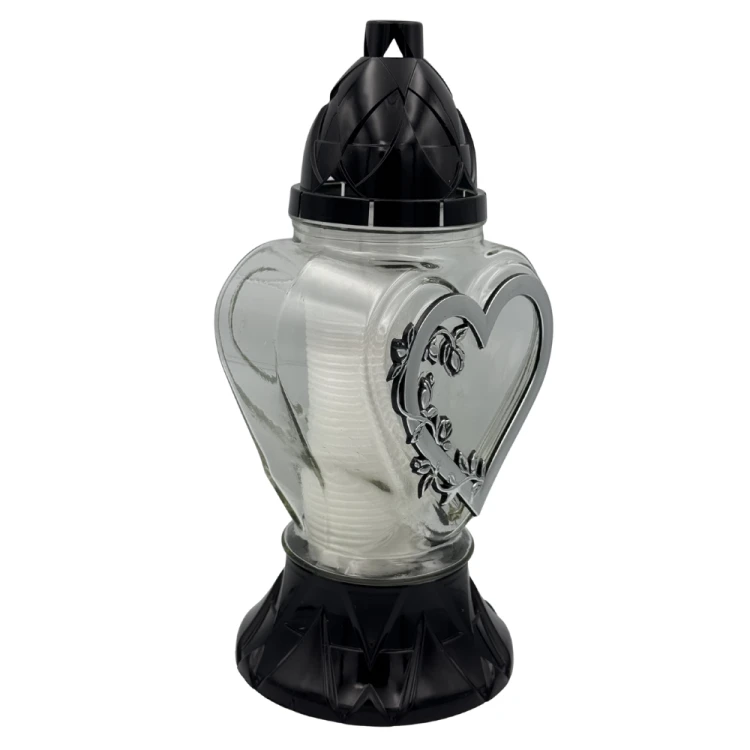 Znicz Szklany Czarny Serce z różą Elegancki Znicz na grób z Wkładem  (3).png