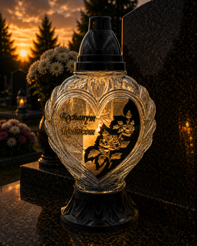 Znicz Szklany Serce z dedykacją Kochanym Rodzicom Lampion nagrobny z motywem róży Wianek (5).png
