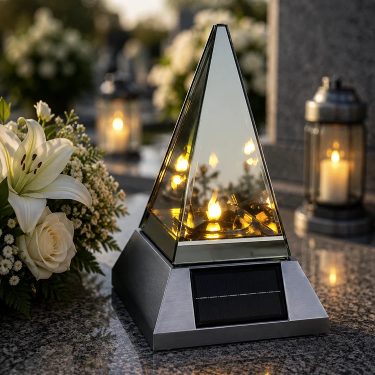 Znicz Solarny LED Srebrny 3D – Nowoczesny Znicz Solarny na Grób (1).webp