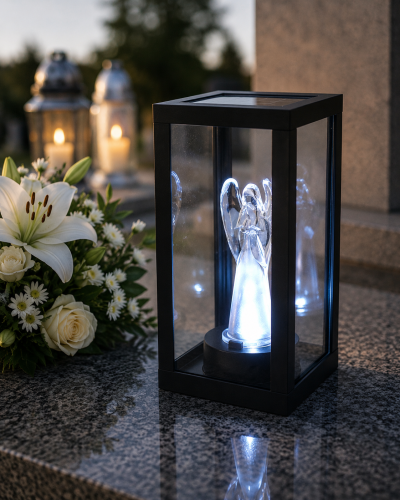 Znicz Solarny LED z Aniołem – Elegancki Lampion Solarny na Grób (1).png