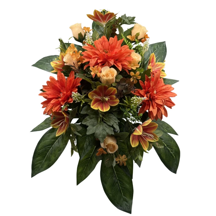 Komplet zestaw stroików Ciemno Pomarańczowe Stroik nagrobny z daliami i liliami Kompozycja Misa + Wazon (10).png