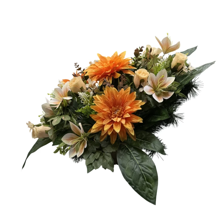 Komplet zestaw stroików Jasno Pomarańczowe Stroik nagrobny z daliami i liliami Kompozycja Misa + Wazon  (7).png