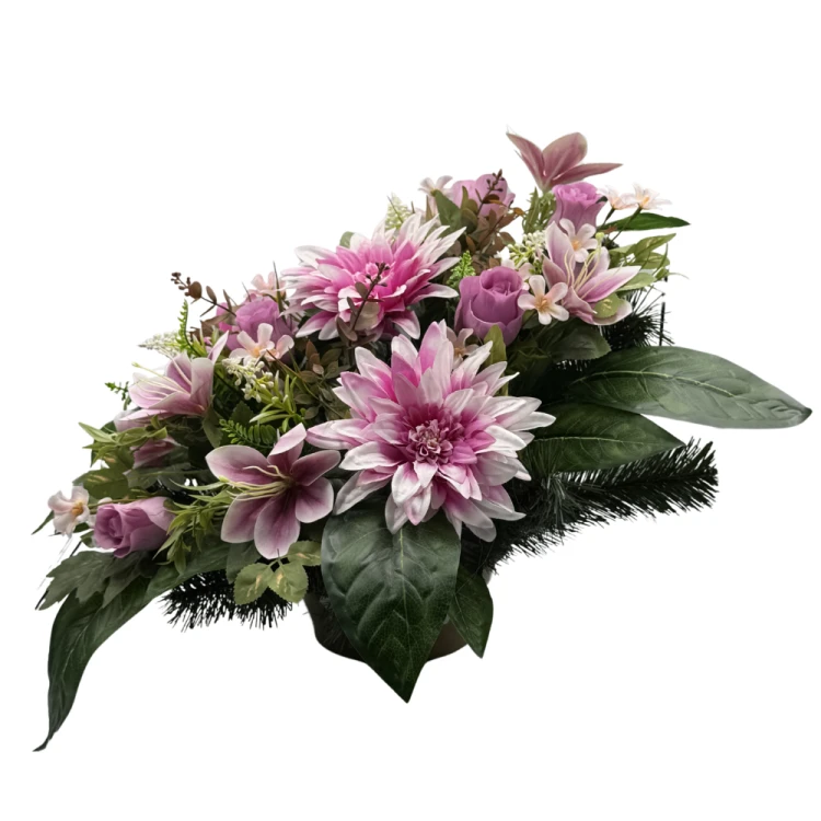Komplet zestaw stroików Fioletowych Stroik nagrobny z daliami i liliami Kompozycja Misa + Wazon (4).png