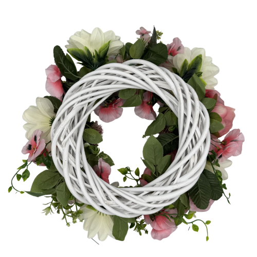 Wianek Nagrobny z Białymi Daliami, Fioletowymi Różami i Bratkami Całoroczna Kompozycja (3).png