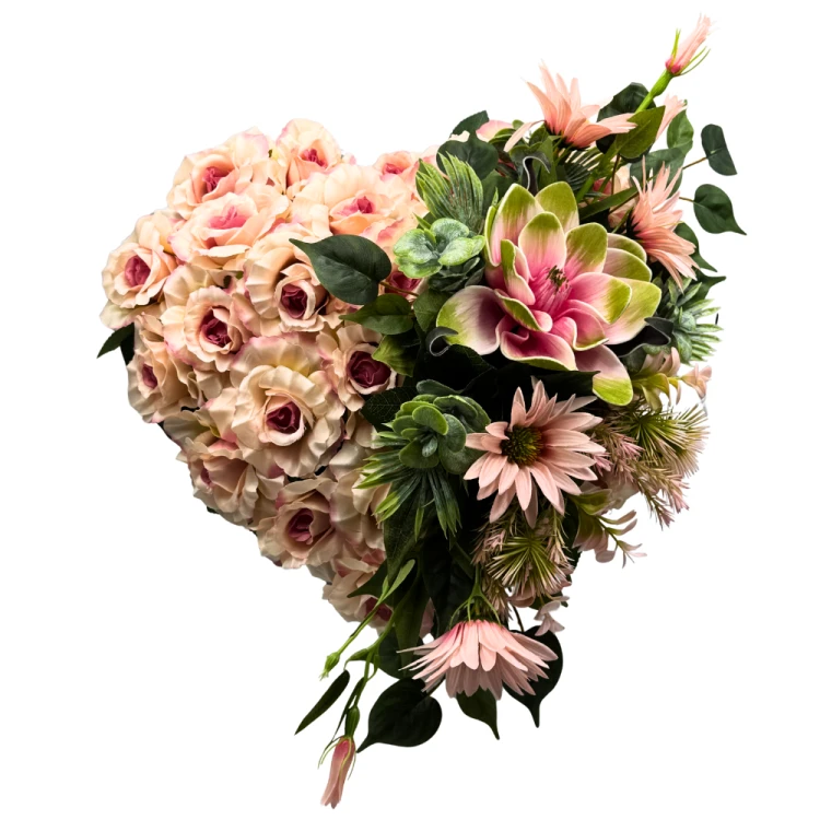Stroik Nagrobny w kształcie Serca Elegancka Kompozycja Różowe Róże Clematis z dodatkami (3).png