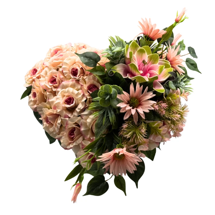 Stroik Nagrobny w kształcie Serca Elegancka Kompozycja Różowe Róże Clematis z dodatkami (6).png