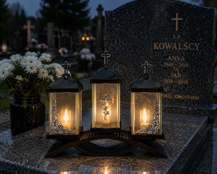 Znicz Kapliczka Nagrobna Potrójna z Krzyżem i Różami Elegancki Lampion Pamięci.png