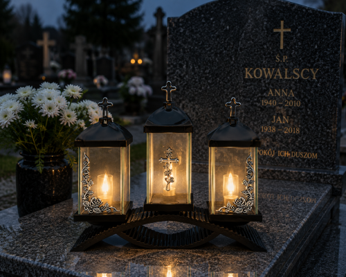 Znicz Kapliczka Nagrobna Potrójna z Krzyżem i Różami Elegancki Lampion Pamięci.png