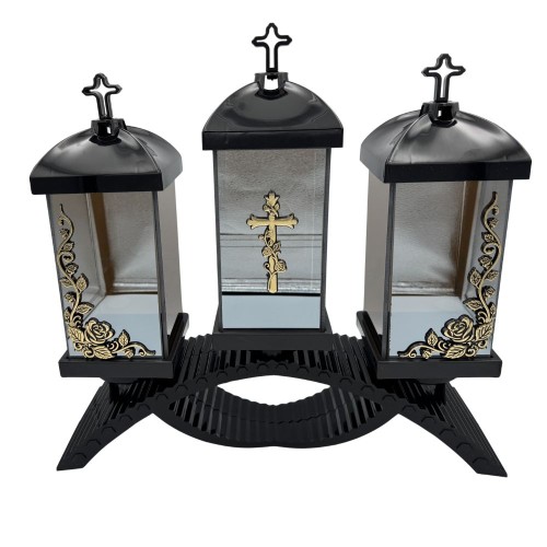Znicz Kapliczka Nagrobna Potrójna z Krzyżem i Różami Elegancki Lampion Pamięci (1).jpg