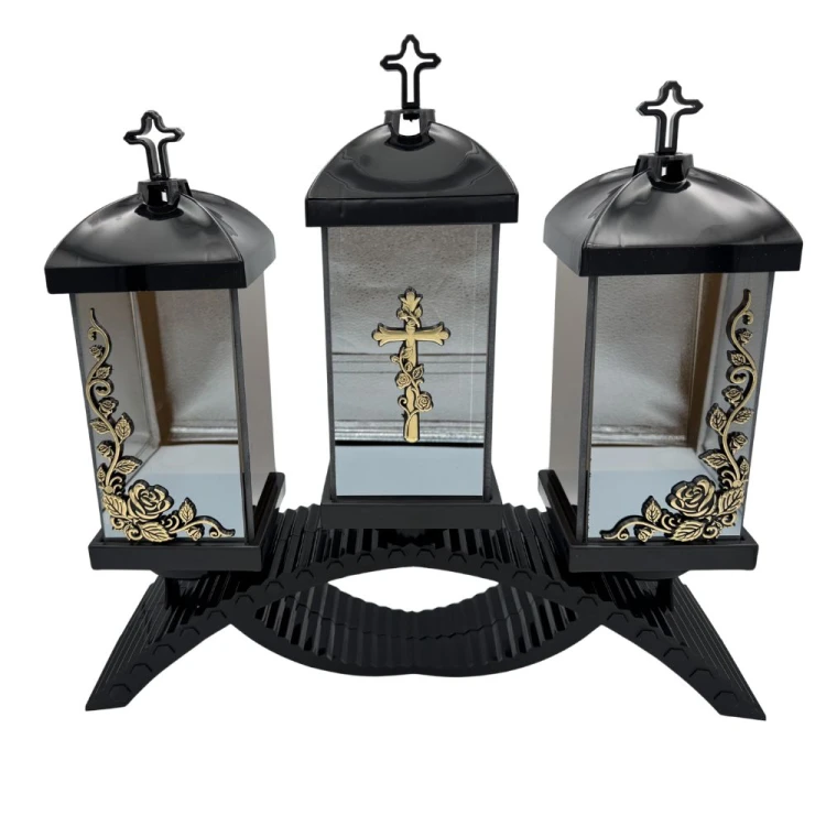 Znicz Kapliczka Nagrobna Potrójna z Krzyżem i Różami Elegancki Lampion Pamięci (1).jpg