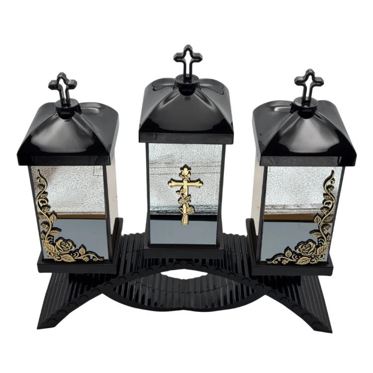 Znicz Kapliczka Nagrobna Potrójna z Krzyżem i Różami Elegancki Lampion Pamięci (2).jpg