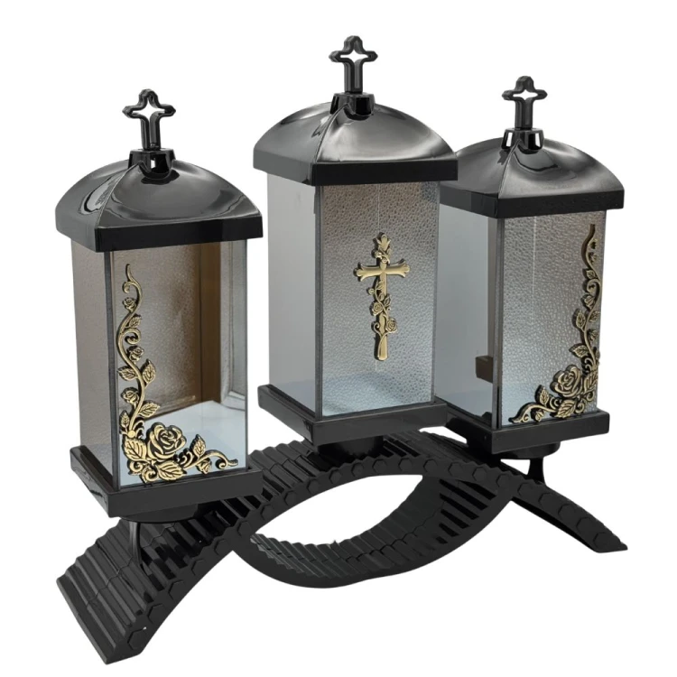 Znicz Kapliczka Nagrobna Potrójna z Krzyżem i Różami Elegancki Lampion Pamięci (5).jpg