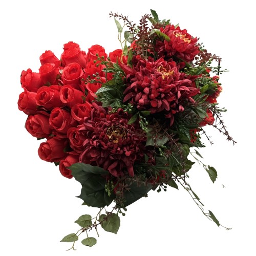 Stroik nagrobny serce z czerwonych róż i bordowych chryzantem Elegancka kompozycja na cmentarz (3).jpg