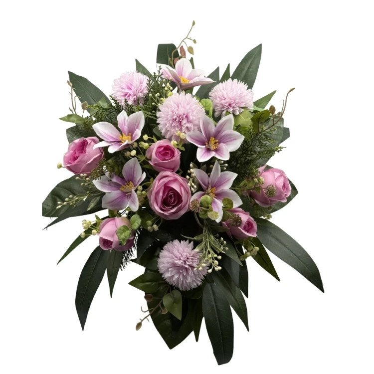 Kompozycja nagrobna do wazonu z różami, chryzantemami i magnolią Elegancka dekoracja na grób (5).jpg