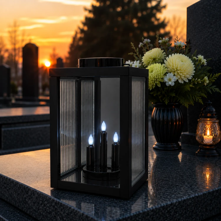 Nowoczesny znicz solarny LED z efektownym lustrzanym wnętrzem czarny