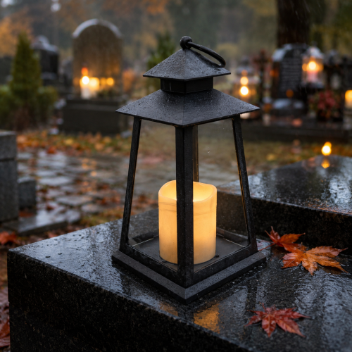 Czarny lampion dekoracyjny LED – nowoczesna forma na nagrobek