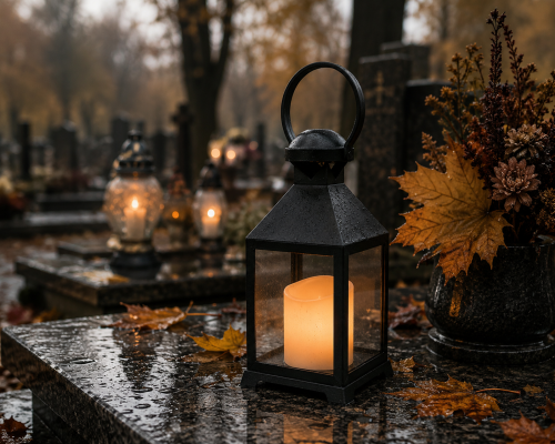 Czarny lampion dekoracyjny LED MAŁY – nowoczesna forma na nagrobek