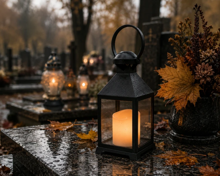 Czarny lampion dekoracyjny LED MAŁY – nowoczesna forma na nagrobek