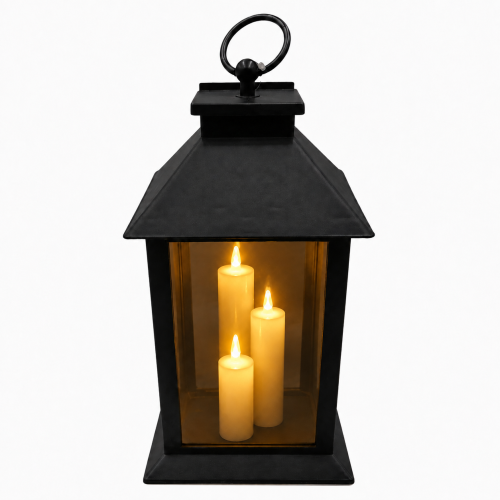 Lampion LED z trzema świecami PREMIUM – ciepłe światło, czarny