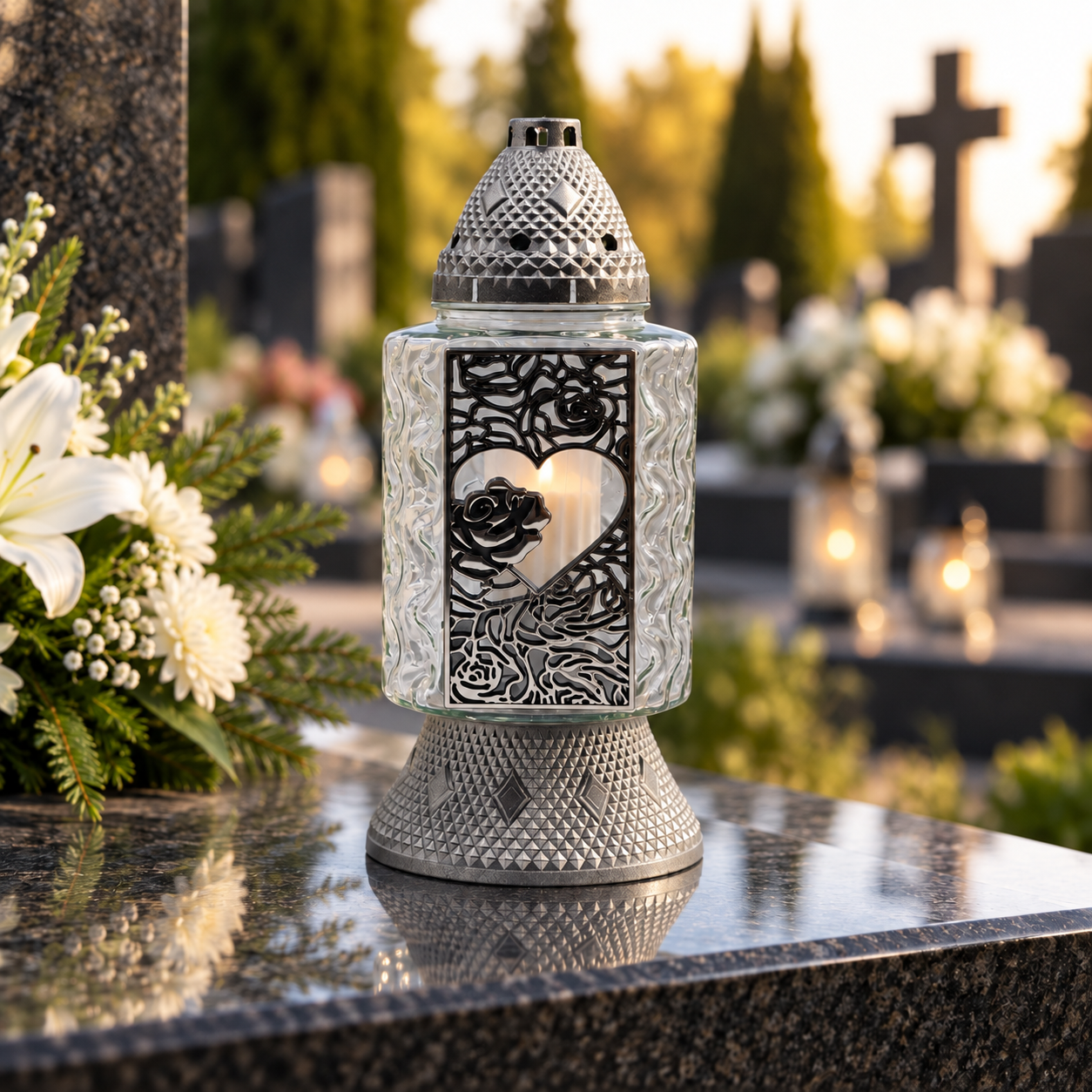 Znicz szklany z sercem i różami – złoty / srebrny