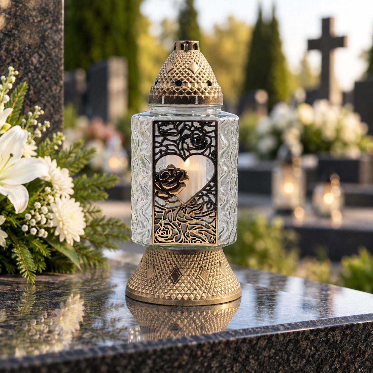 Znicz szklany z sercem i różami – złoty / srebrny