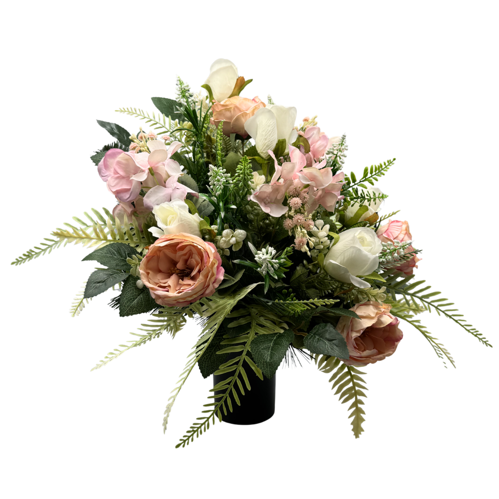 Stroik na grób z różami i hortensją Elegancka kompozycja nagrobna Całoroczna (2).png