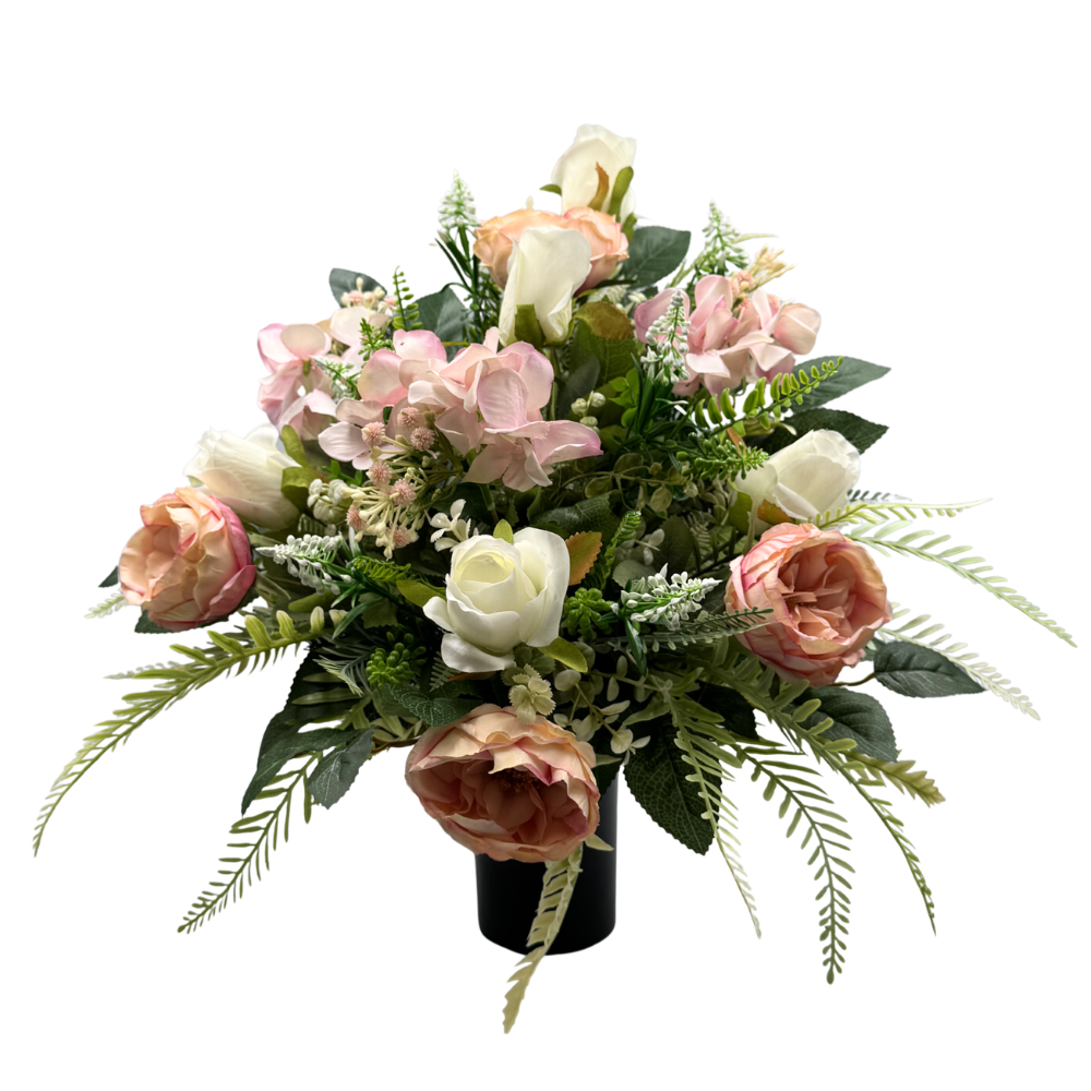 Stroik na grób z różami i hortensją Elegancka kompozycja nagrobna Całoroczna (1).png