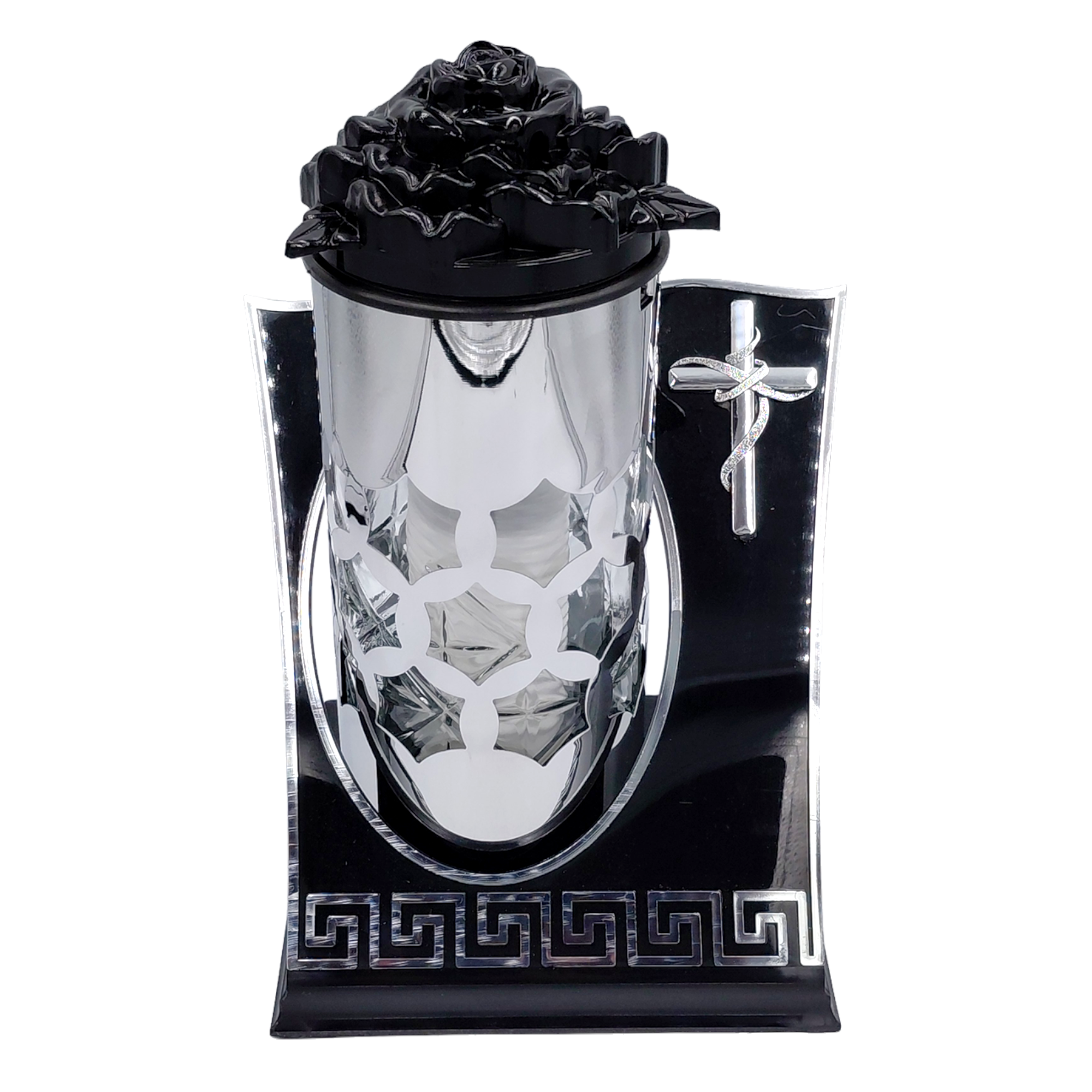 Znicz Kapliczka Szklana z Krzyżem Róża Ornament 28 cm (3).png