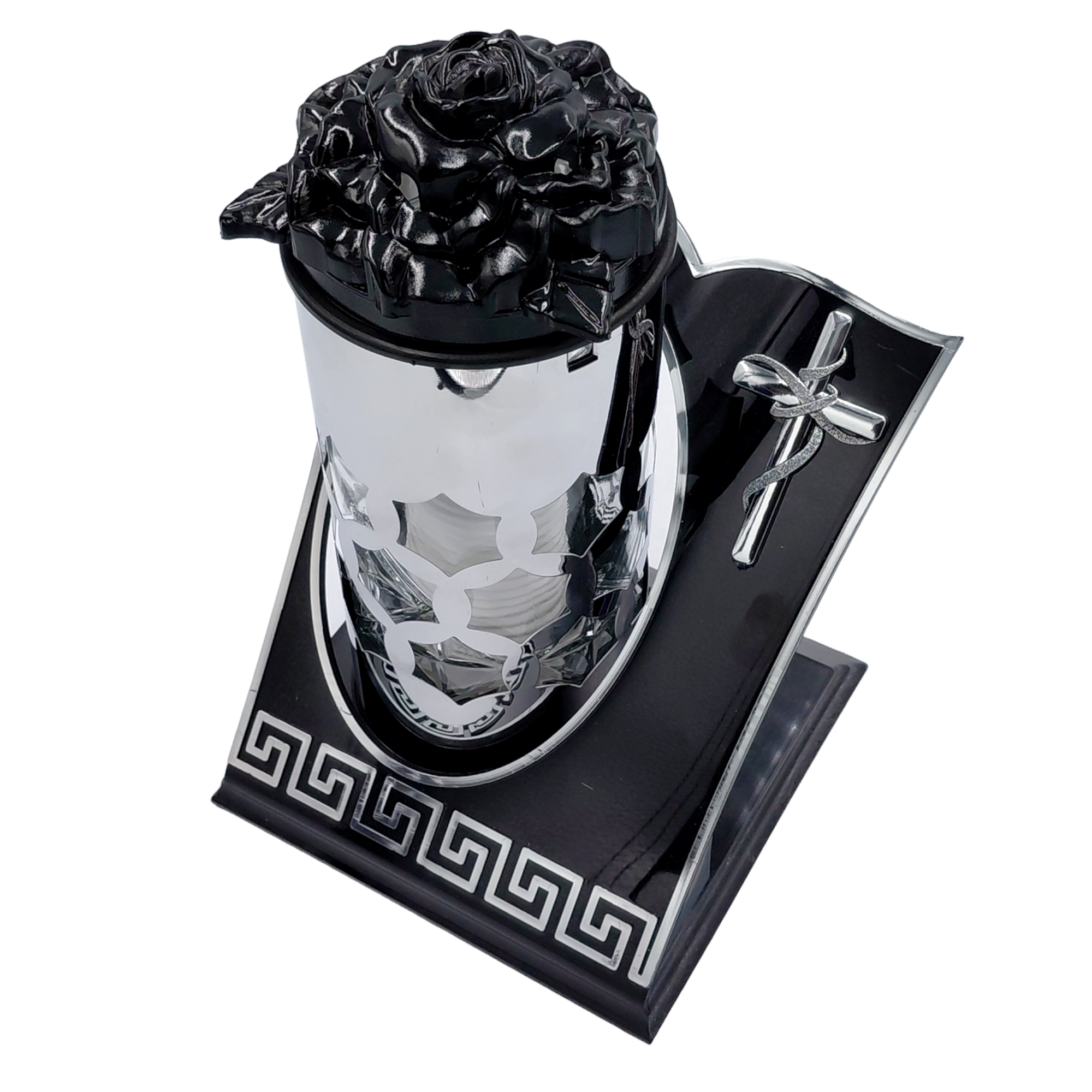 Znicz Kapliczka Szklana z Krzyżem Róża Ornament 28 cm (5).png