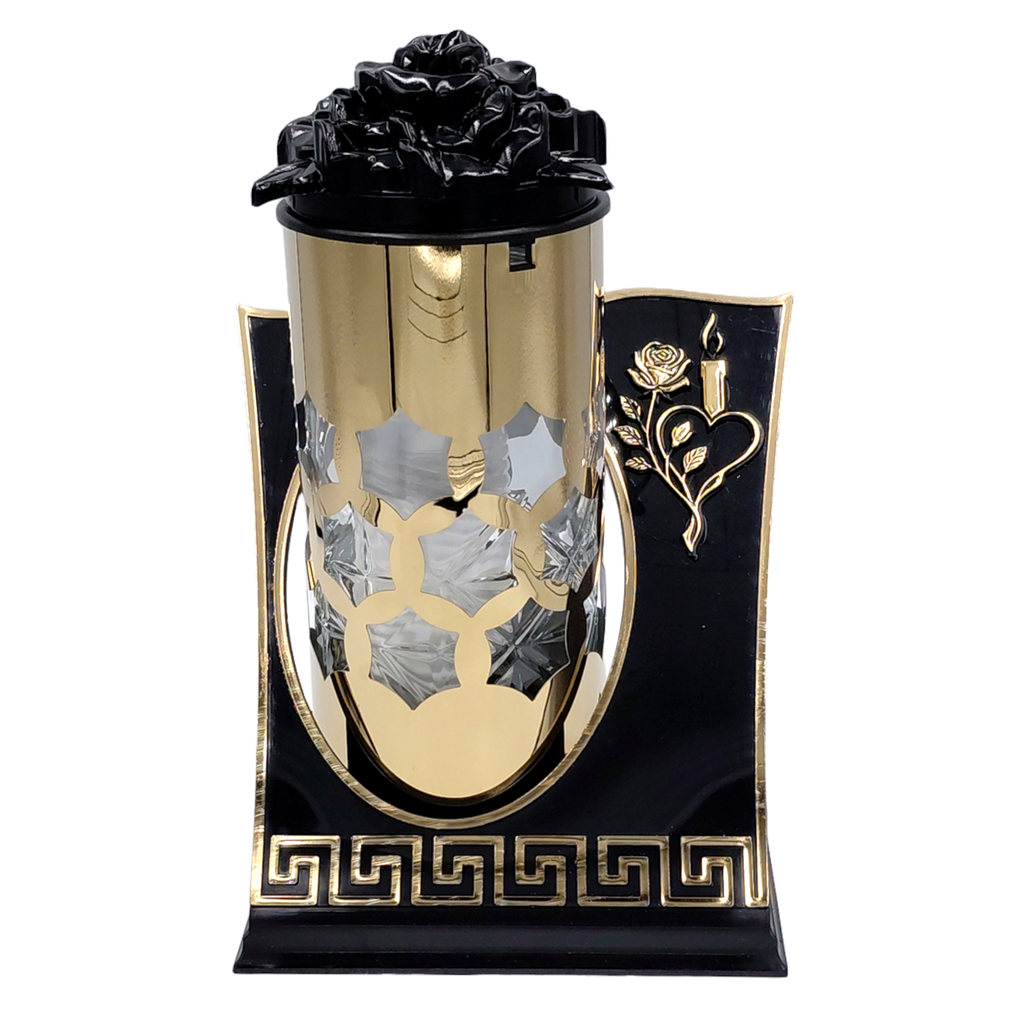Znicz Kapliczka Szklana Złota Aplikacja Róża Ornament 28 cm z wkładem (3).png