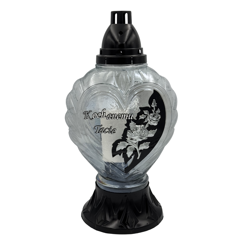 Znicz Szklany Serce z dedykacją Elegancki Lampion nagrobny z motywem róży Wianek (1).png