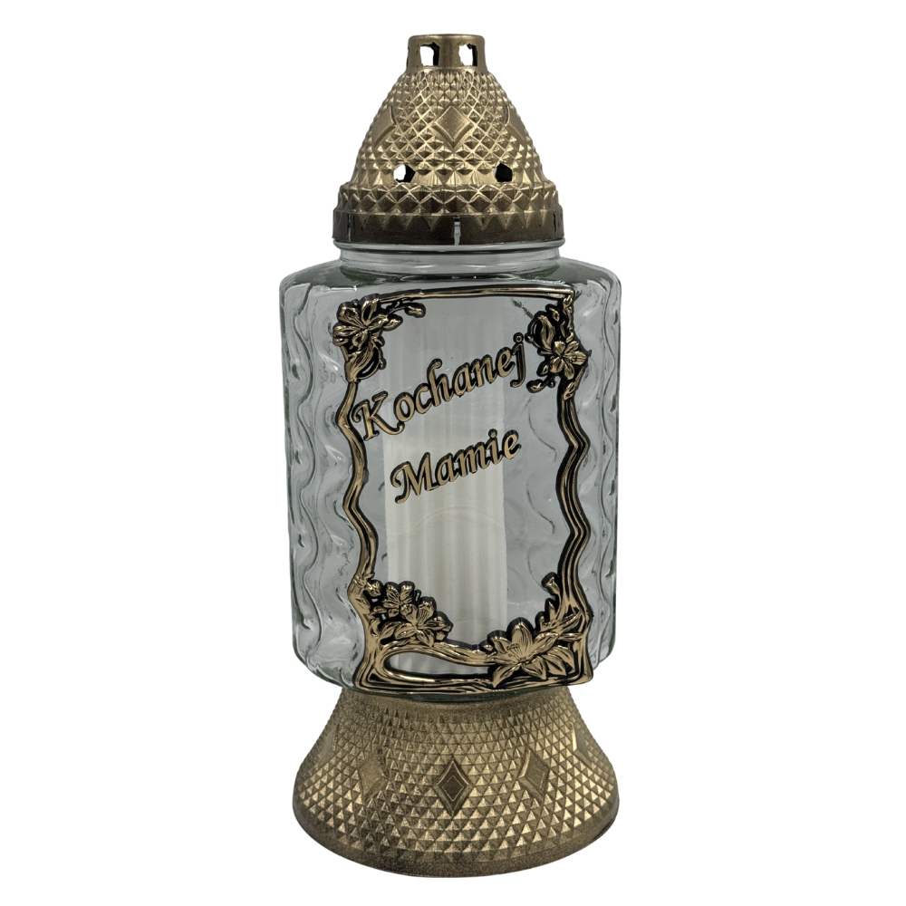 Znicz Szklany Złoty z dedykacją aplikacja Kwiaty Ramka Elegancki Lampion nagrobny Duży 35cm (6).png