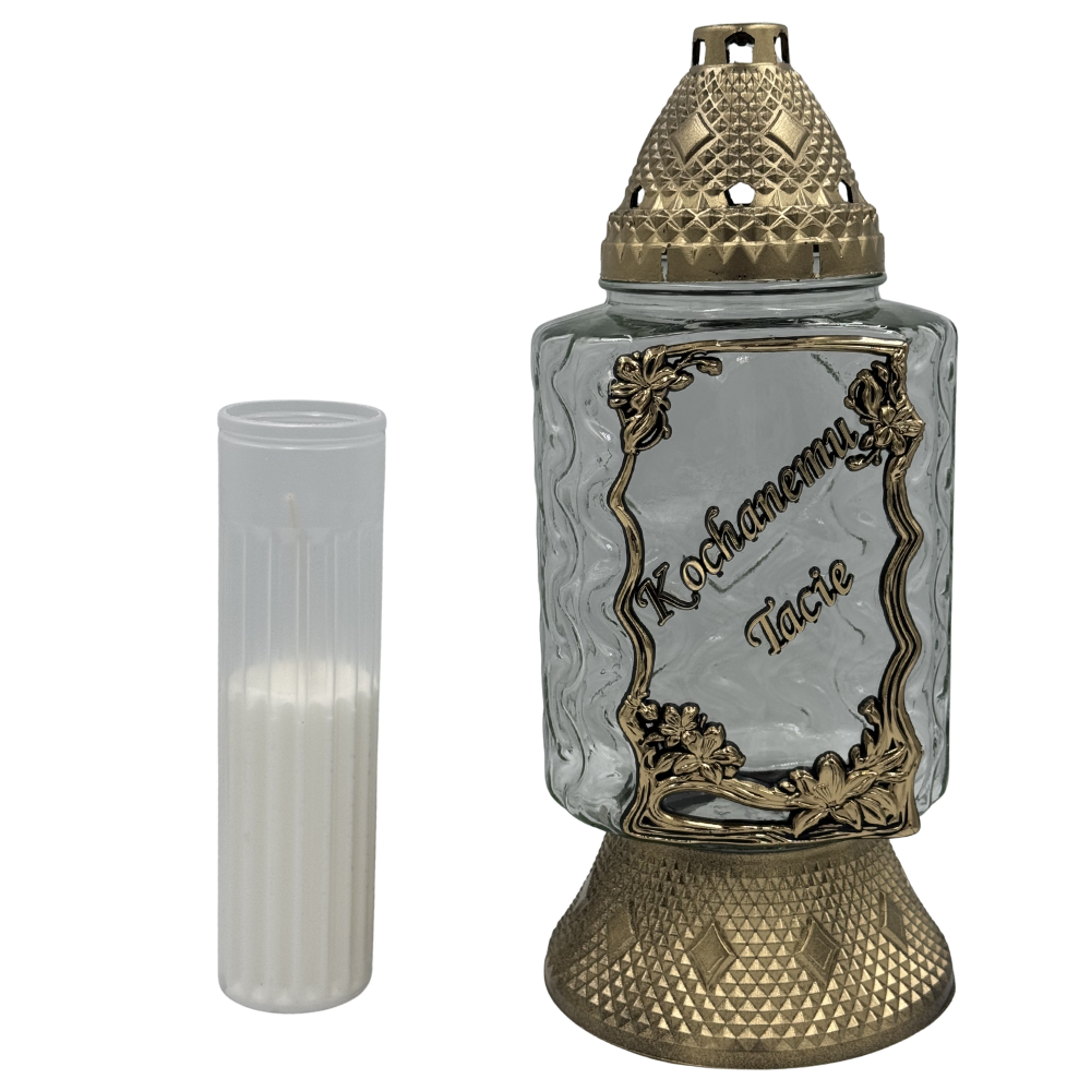 Znicz Szklany Złoty z dedykacją aplikacja Kwiaty Ramka Elegancki Lampion nagrobny Duży 35cm (7).png