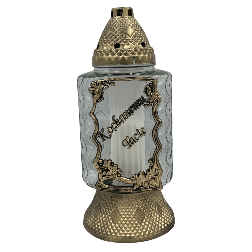 Znicz Szklany Złoty z dedykacją aplikacja Kwiaty Ramka Elegancki Lampion nagrobny Duży 35cm (1).png