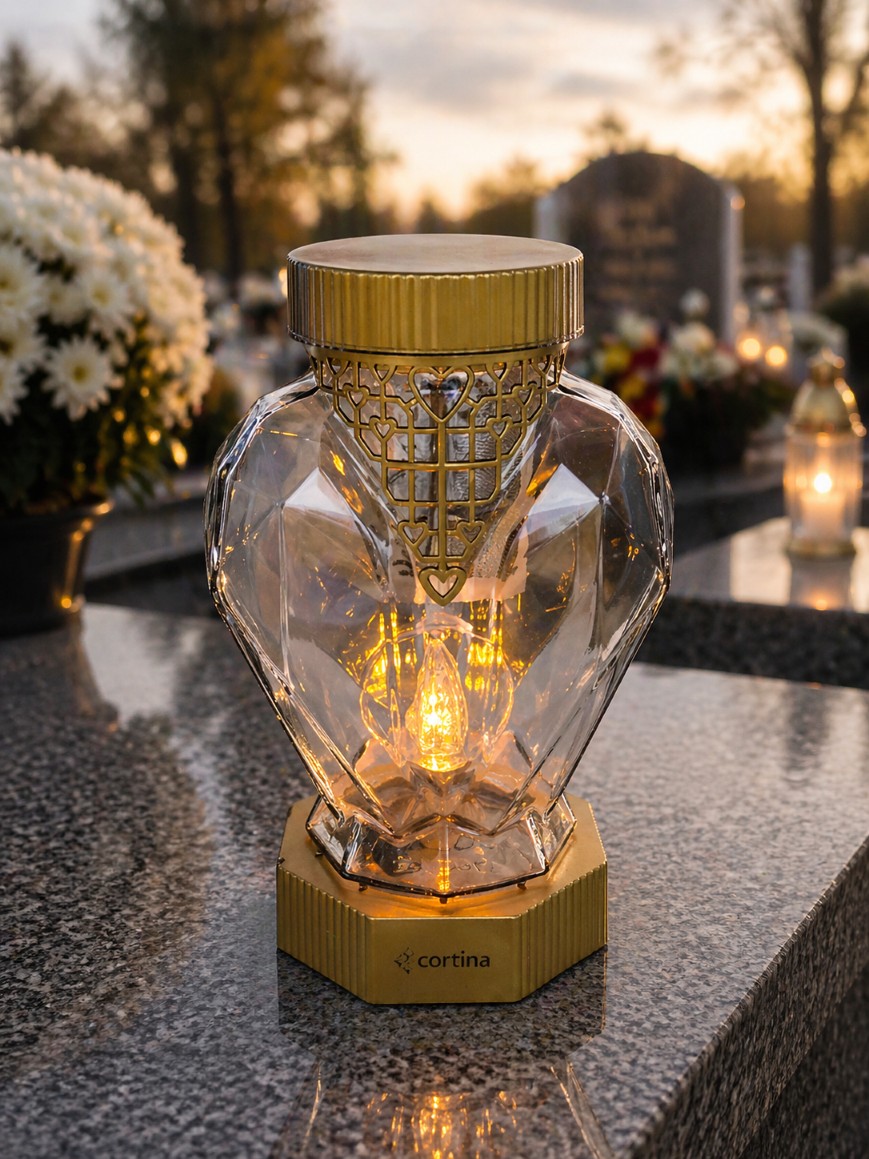 Znicz Solarny LED Szklana Latarnia z Motywem Serc Duży 26 cm złoty (1).jpg