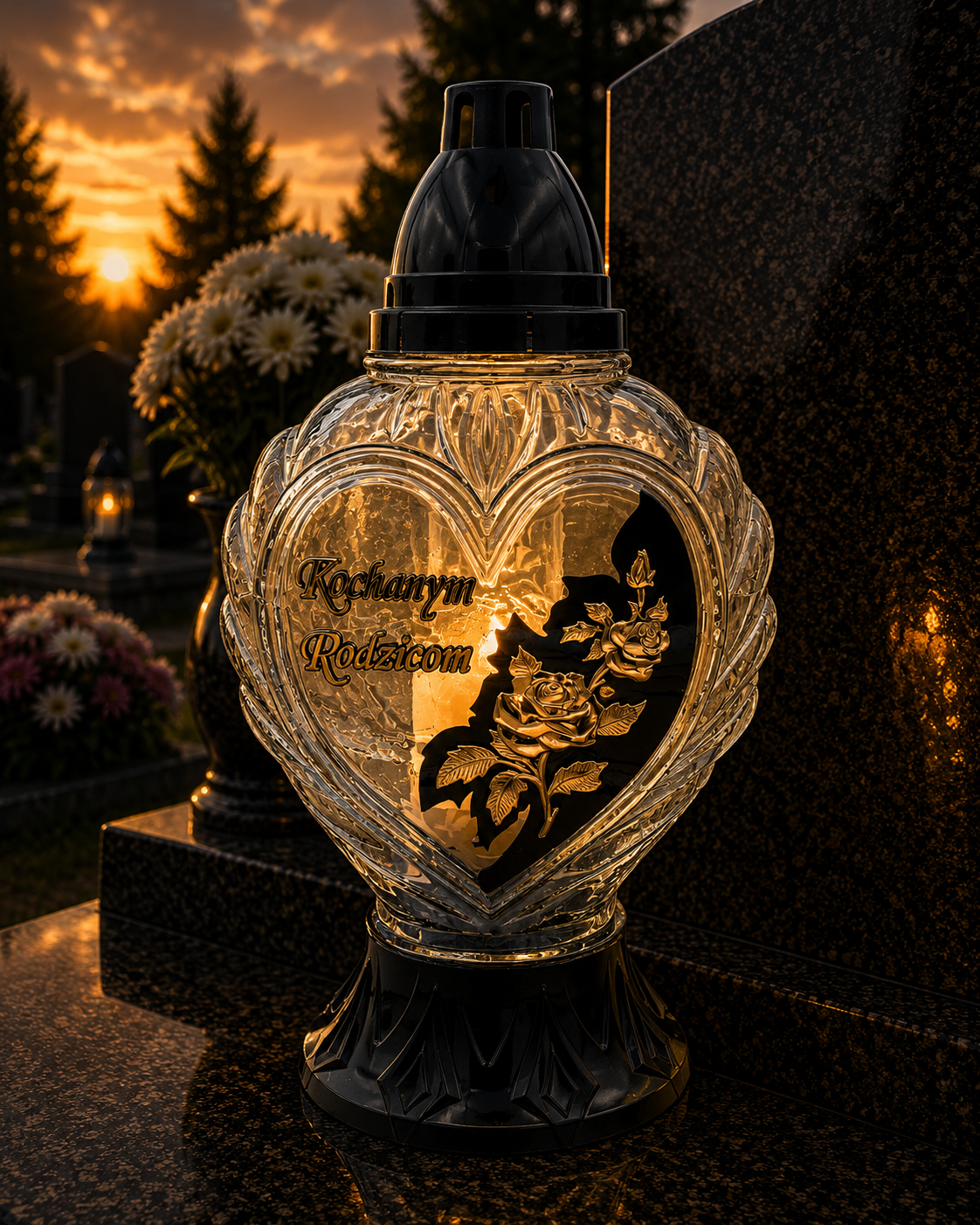 Znicz Szklany Serce z dedykacją Kochanym Rodzicom Lampion nagrobny z motywem róży Wianek (5).png