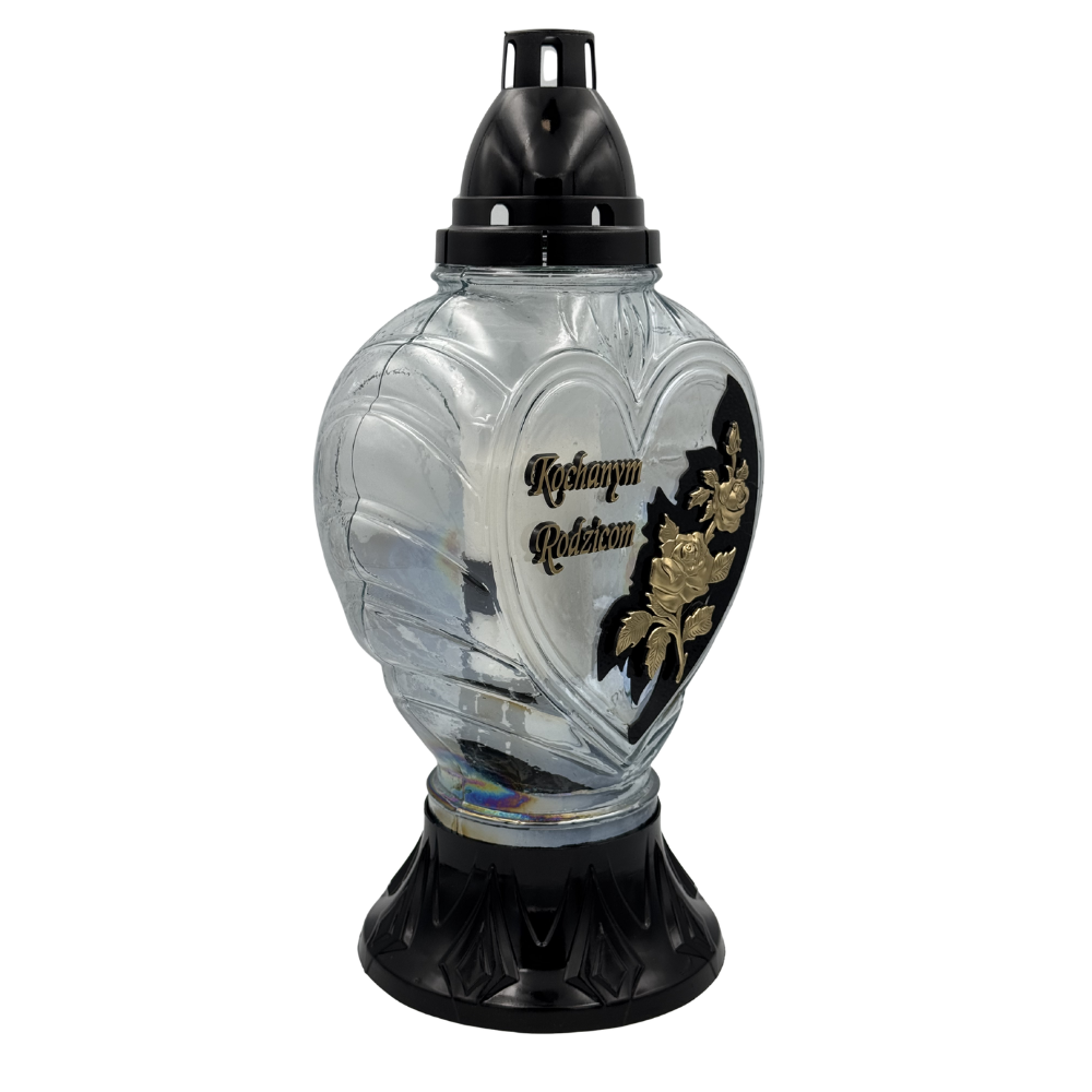Znicz Szklany Serce z dedykacją Kochanym Rodzicom Lampion nagrobny z motywem róży Wianek (4).png