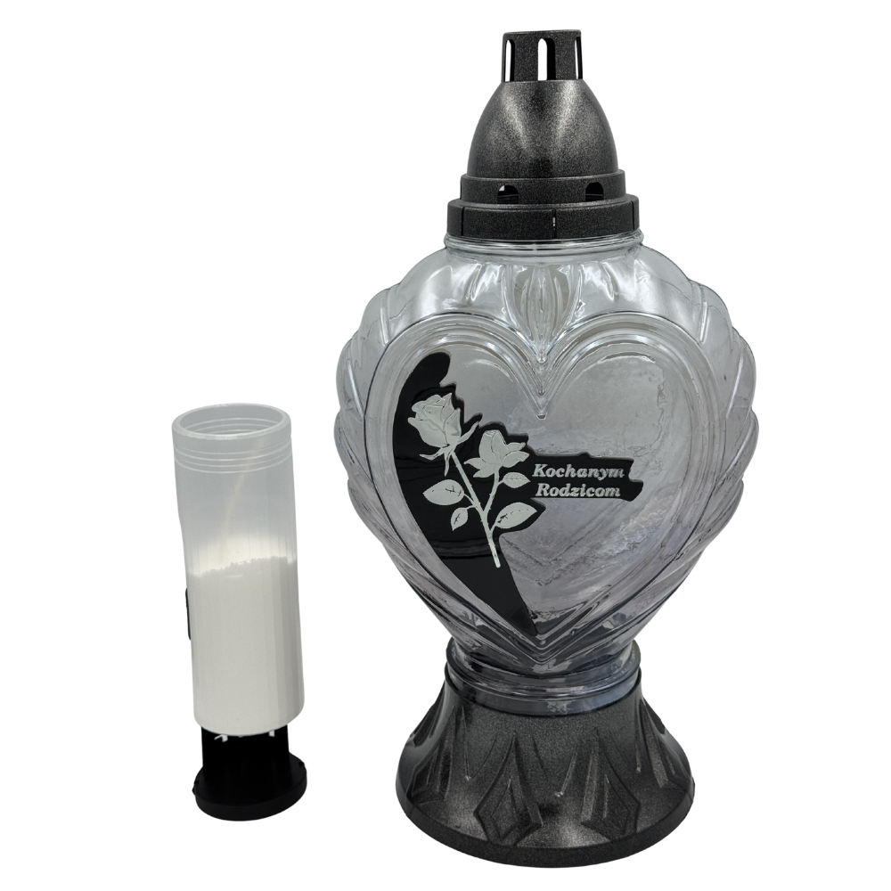 Znicz Szklany Serce z dedykacją Kochanym Rodzicom Lampion nagrobny z motywem róży Wianek (6).png